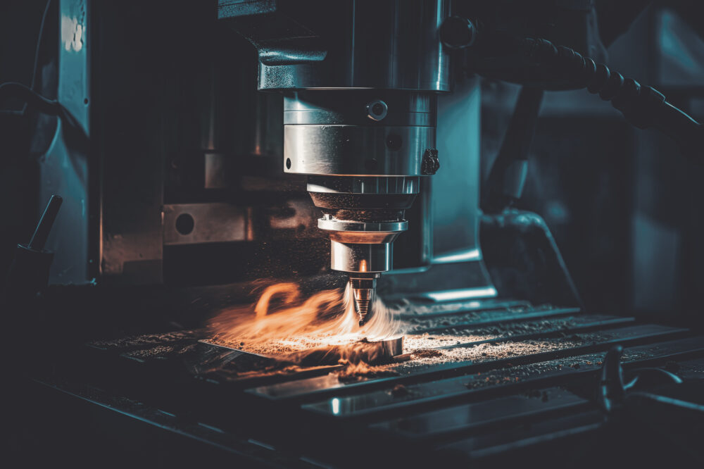 Milling machine working on steel detail with lots of sparks