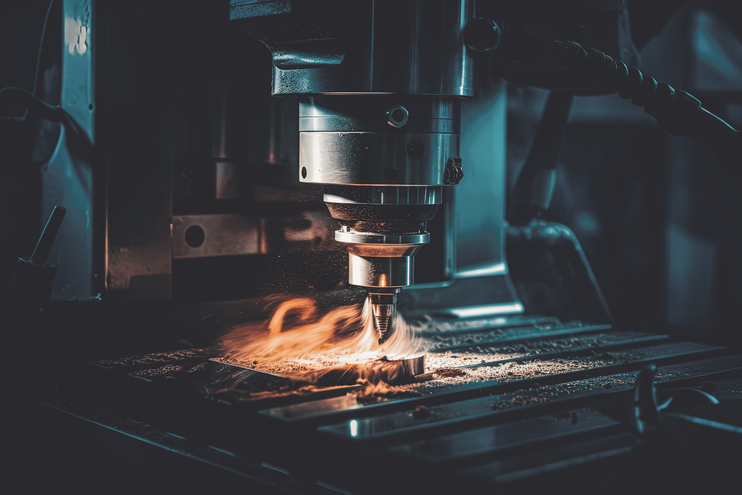 Milling machine working on steel detail with lots of sparks