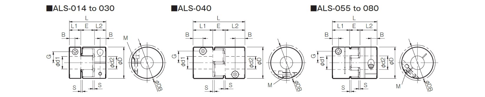 Dimensions jaw coupling ALS with clamping hub