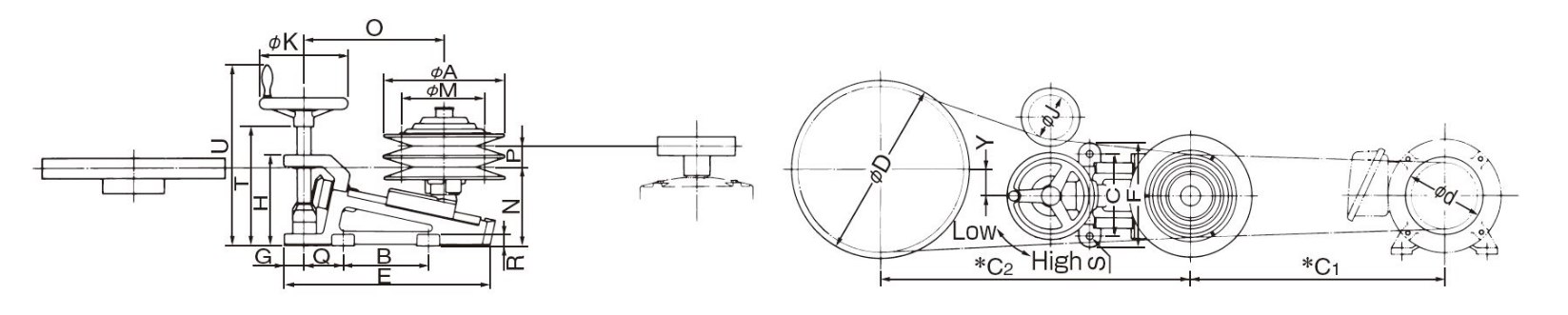 Dimensions Speed changer with pulley model U