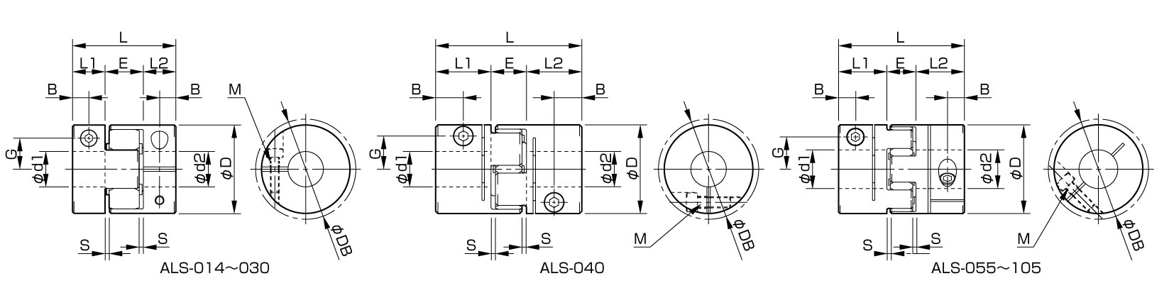 Dimensions jaw coupling ALS with clamping hub