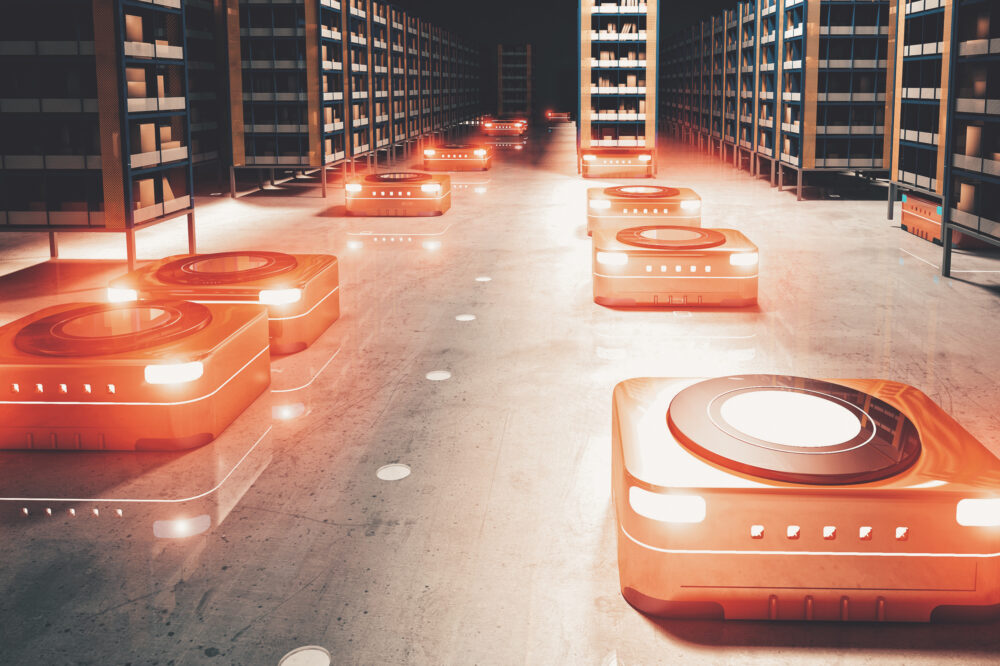 Automatic modern warehouse with automated guided vehicles