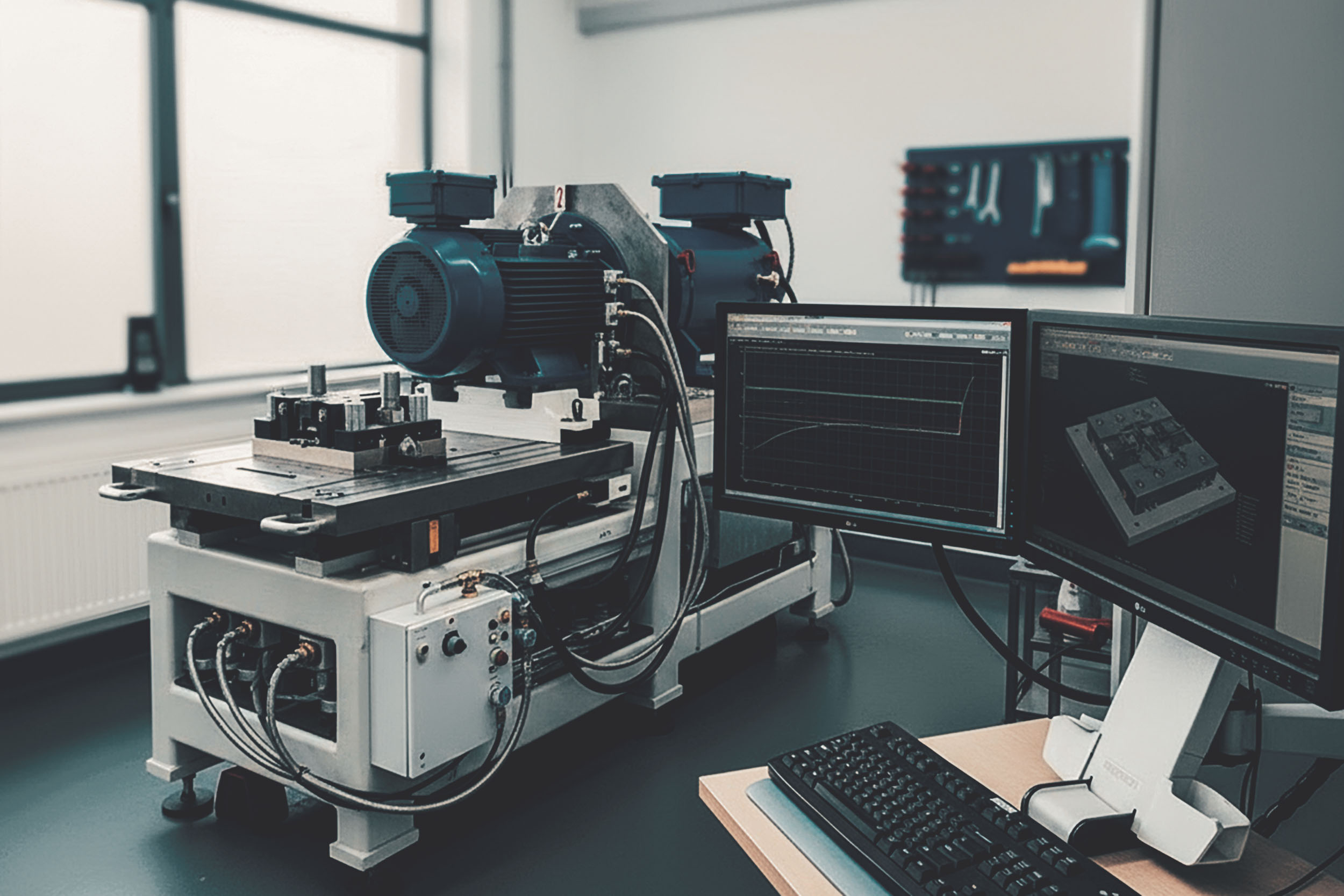 Room with a test bench and computer equipment