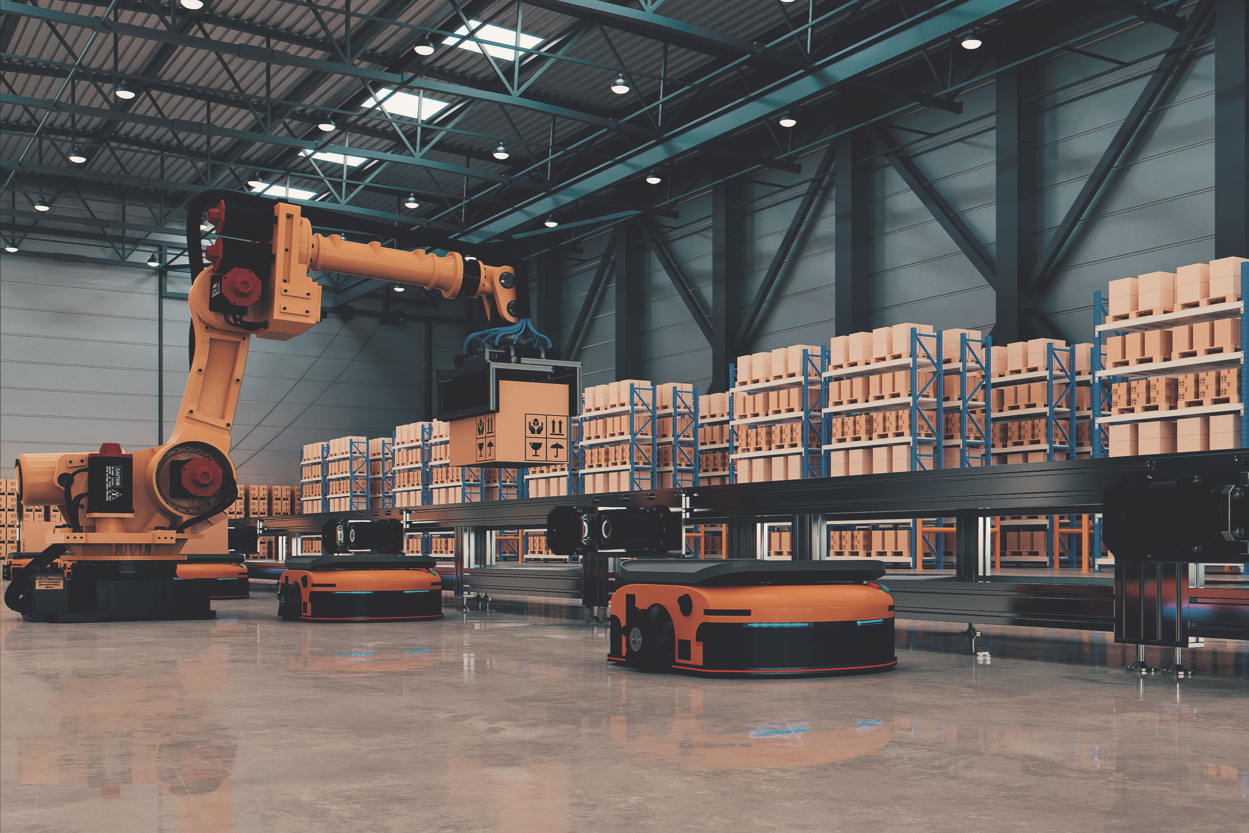 Driverless transport systems (AGVs) in a warehouse with robotic arms loading them with packages