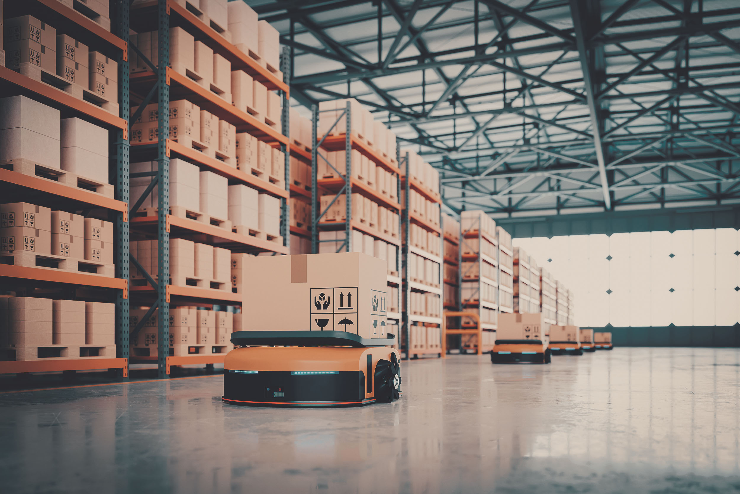 Driverless transport systems (AGVs) in a warehouse