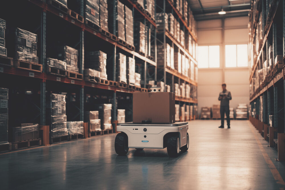 Autonom fahrender mobiler Roboter in einem Lager mit hohen Regalen und Paletten
