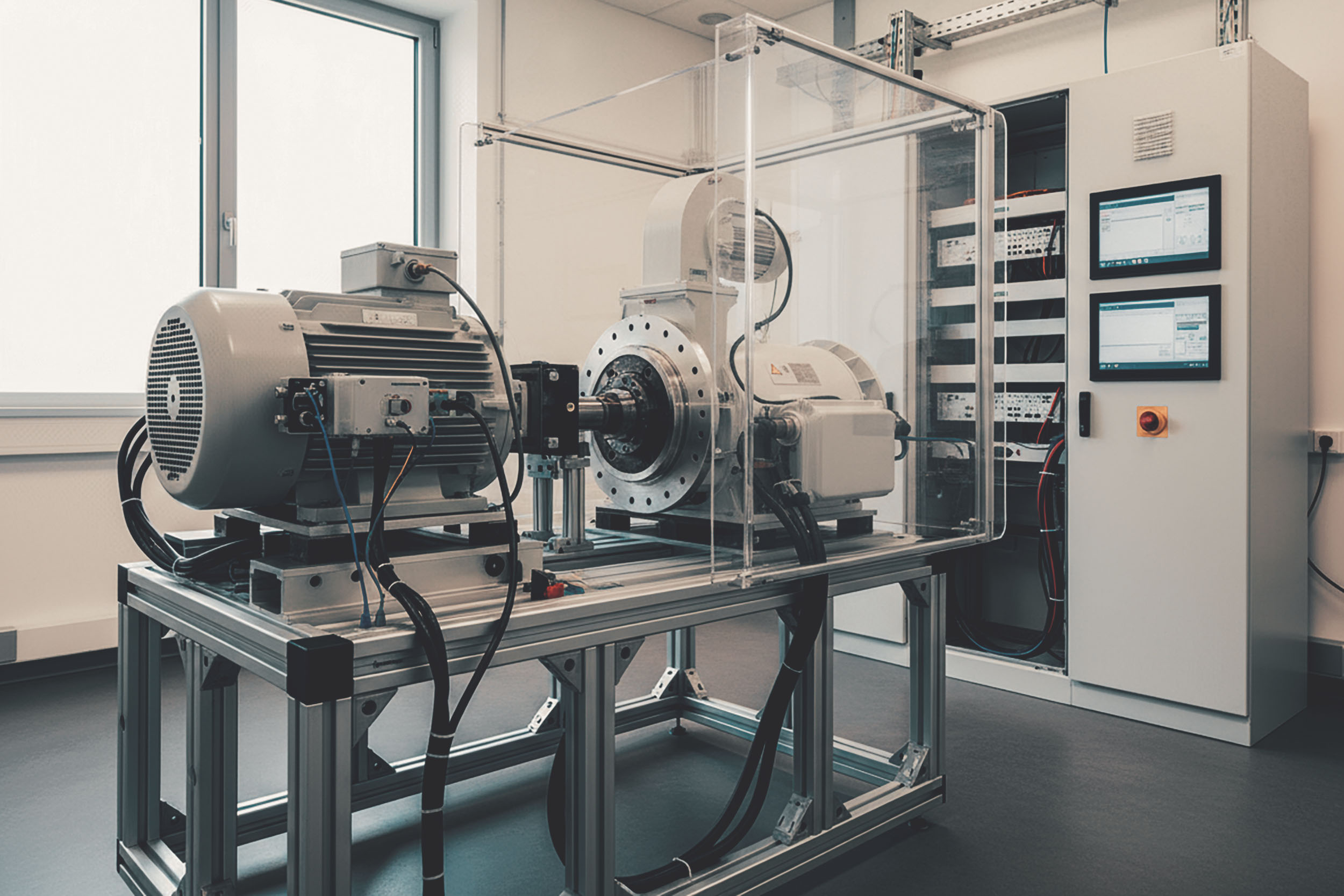 Elektromechanischer Prüfstand mit Motor und Steuerung in einem Laborraum