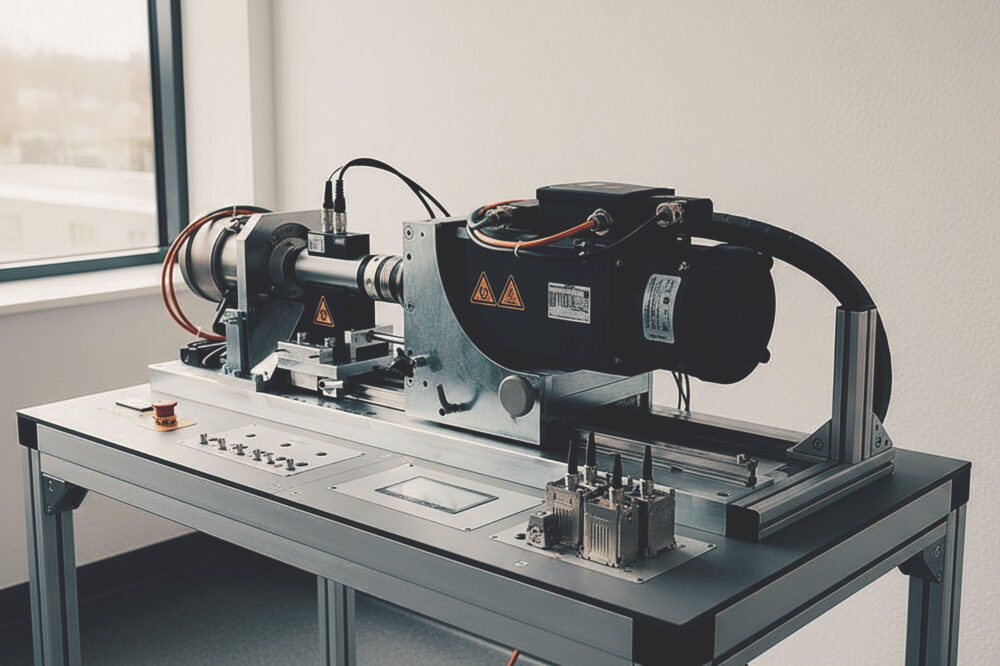 Elektromechanischer Prüfstand mit Steuerungselementen auf einem Metalltisch in einem Raum mit Fenster