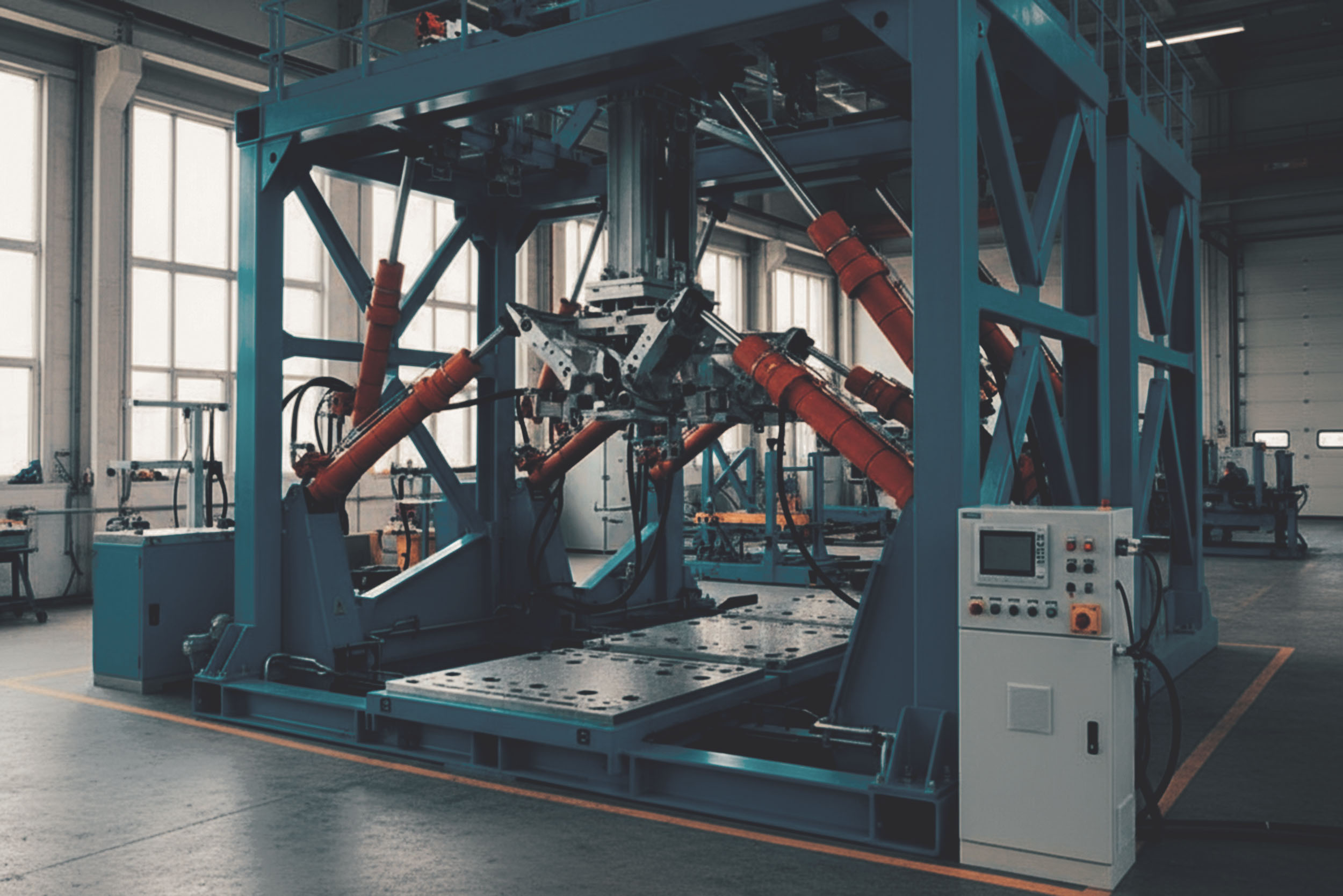 Große Prüfstandanlage mit mehreren hydraulischen Zylindern in einer Industriehalle