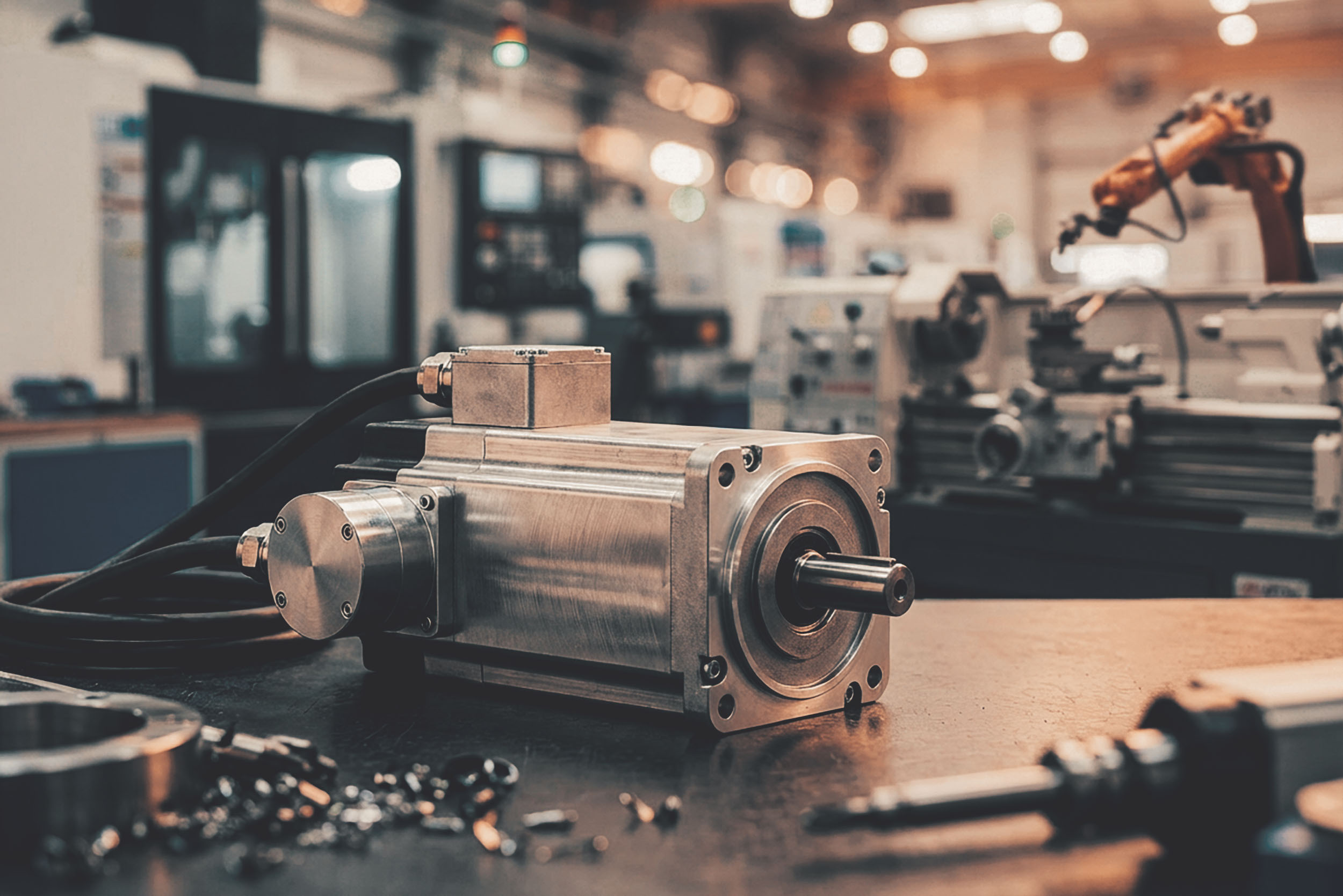 Nahaufnahme eines Servomotors auf einem Werkstatttisch mit unscharfem Hintergrund einer Werkhalle